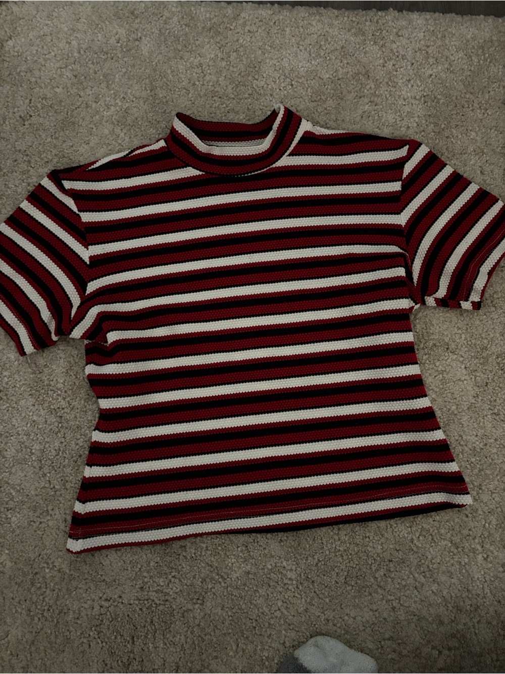 Point Zero Striped Mock Neck Short Sleeve Top in Red, Black & White